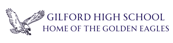 A logo with an illustrated eagle and the text “Gilford High School Home of the Golden Eagles” in dark blue capital letters on a white background.