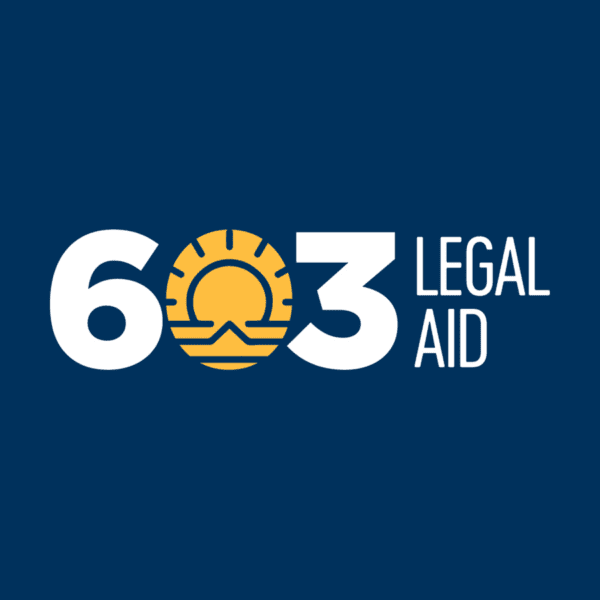 Logo with the text '603 Legal Aid,' where the '0' is a yellow sun with rays and a curved line, on a dark blue background.