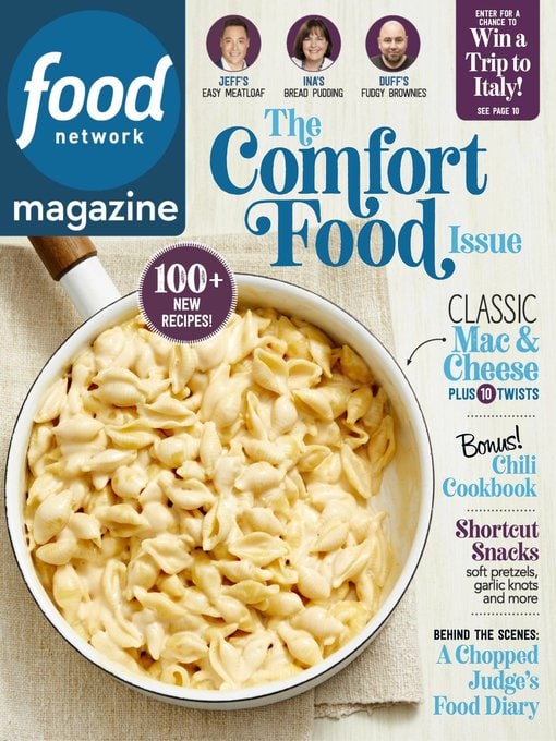 A bowl of creamy macaroni and cheese sits on the cover of Food Network Magazine's Comfort Food issue, featuring recipe highlights and article teasers.