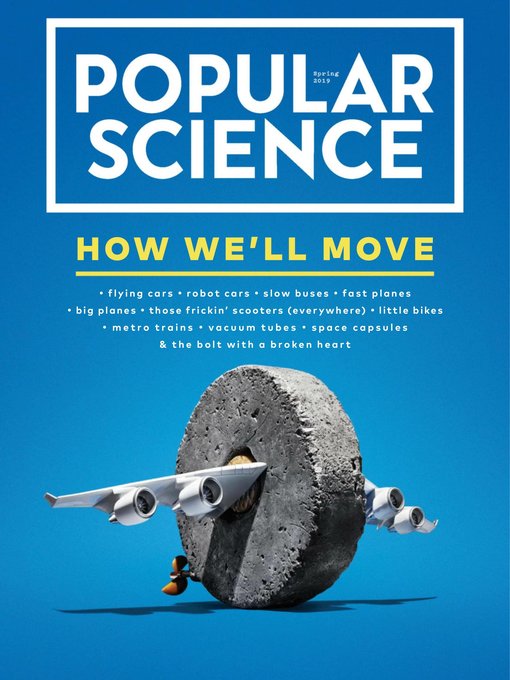 Cover of Popular Science magazine featuring a large stone wheel with airplane wings and engines, set against a blue background, with text about various transportation methods.
