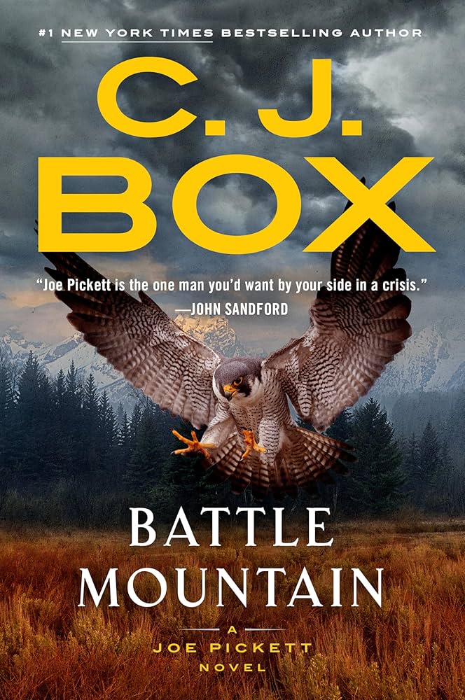 book cover for "battle mountain" by c.j. box, featuring a large hawk in flight against a forest and mountain backdrop, with prominent yellow and white text.