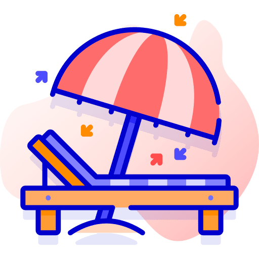 An illustration of a beach chair with a striped umbrella, both in vibrant colors, set against an abstract background.