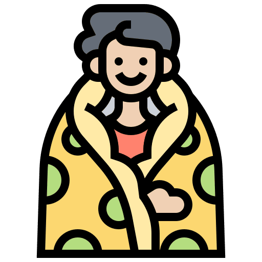 Illustration of a person with gray hair smiling and wrapped in a yellow blanket with green polka dots.