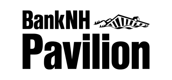 BankNH Pavilion logo with stylized text and an illustration of a building with trees and hills above the word Pavilion.