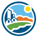 A circular logo featuring a sun, clouds, buildings, a house, green fields, and water, representing a blend of urban and rural landscapes.