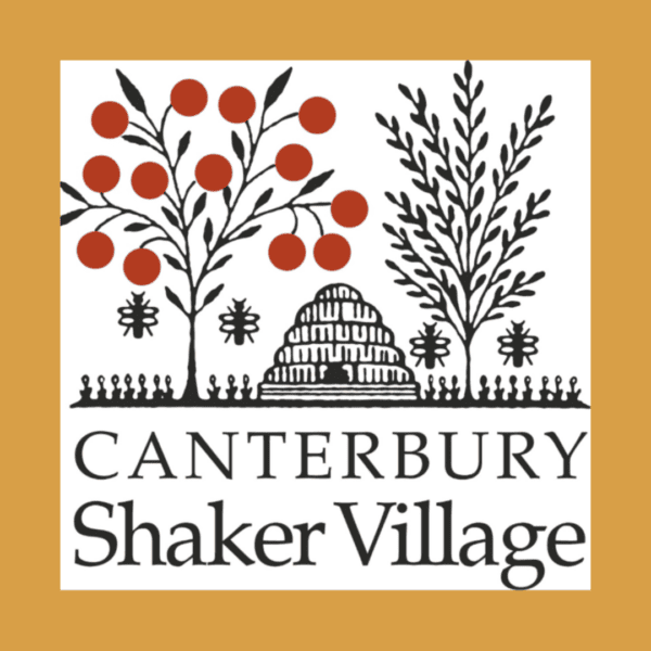 Logo for Canterbury Shaker Village featuring two stylized trees, a beehive, and the text “Canterbury Shaker Village” on a mustard background.