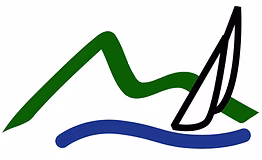 Abstract drawing of a green mountain, a blue wave representing water, and a black sailboat on the right side.