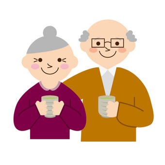 Illustration of an elderly woman and man standing close together, both smiling and holding mugs.