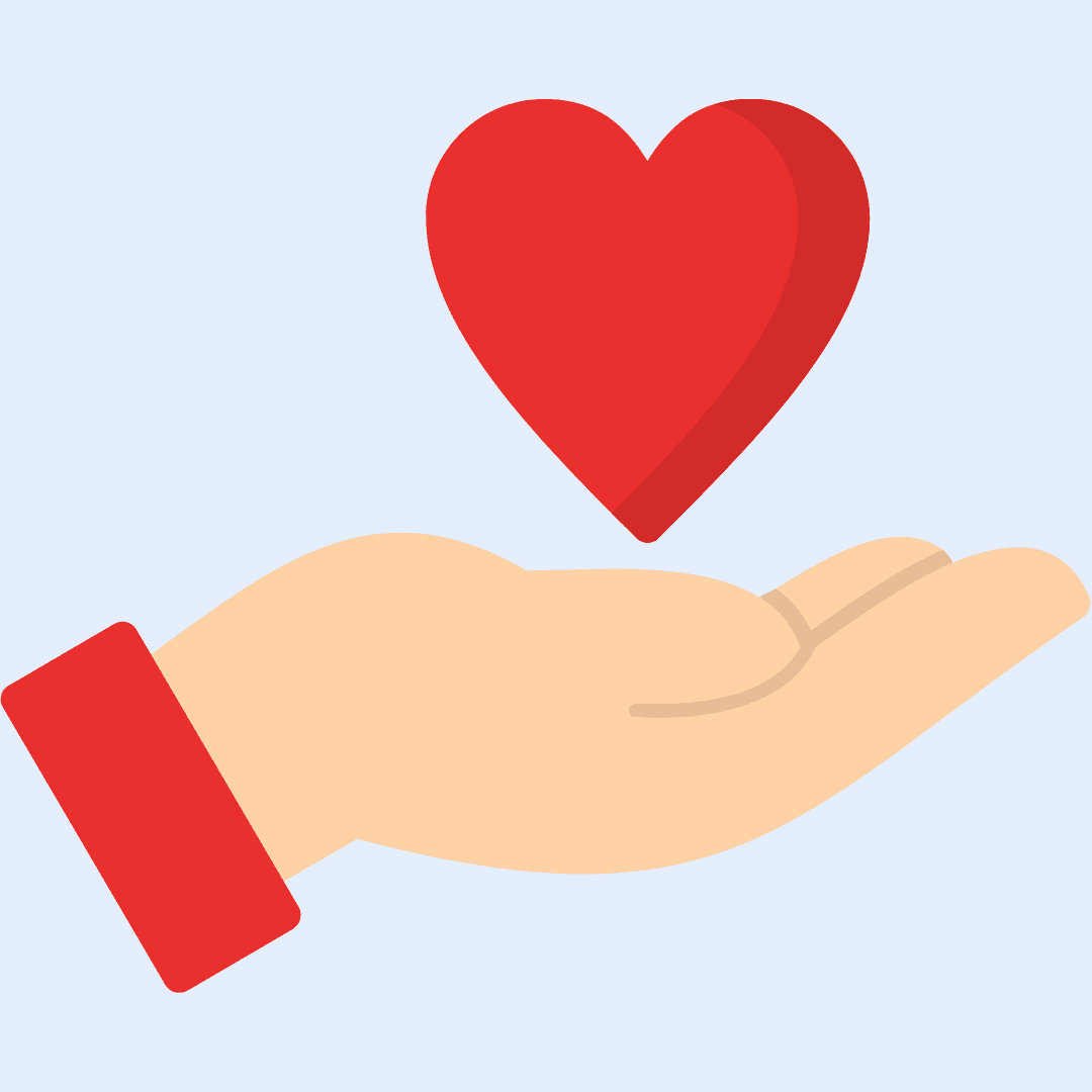 Illustration of an open hand with a red heart floating above the palm, symbolizing care or giving.