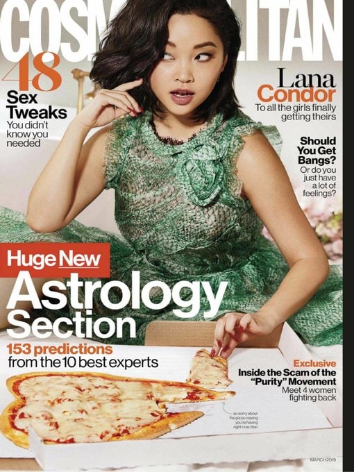 A woman in a green dress sits at a table, holding a slice of pizza shaped like a heart, featured on a Cosmopolitan magazine cover with various article headlines.