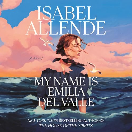 Book cover for "My Name Is Emilia Del Valle" by Isabel Allende, featuring a woman with windblown hair, seagulls, and a sky with clouds at sunset.