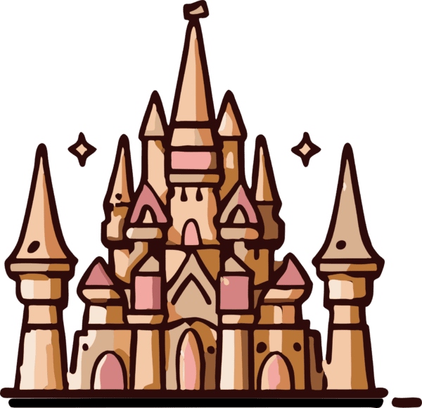 Illustration of a large, ornate fairytale castle with multiple towers and pointed roofs, decorated with small star shapes in the background.