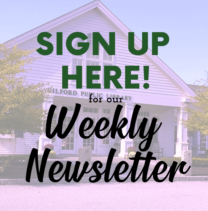 Front view of a white building with text overlay: "Sign up here for our weekly newsletter.