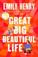 the book cover of "great big beautiful life" by emily henry features bright red and orange hues, with illustrated figures of a woman reading and a man writing notebook.
