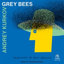 book cover for grey bees by andrey kurkov, featuring a yellow geometric head with a wide brimmed hat and scattered black dots on a blue background.