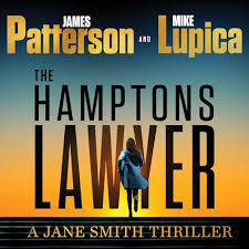 Book cover of the back of a woman in a long blue coat, running towards the sunset with large font title "the hamptons lawyer".