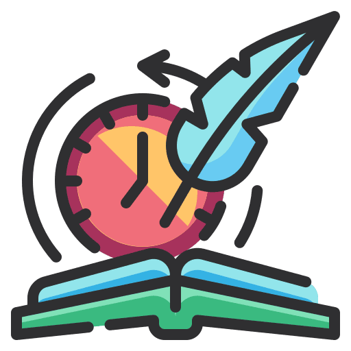 Illustration of an open book with a clock and a feather pen above it, representing time management and writing or studying.