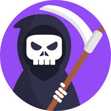 Illustration of a grim reaper wearing a black hooded cloak and holding a scythe, set against a purple circular background.