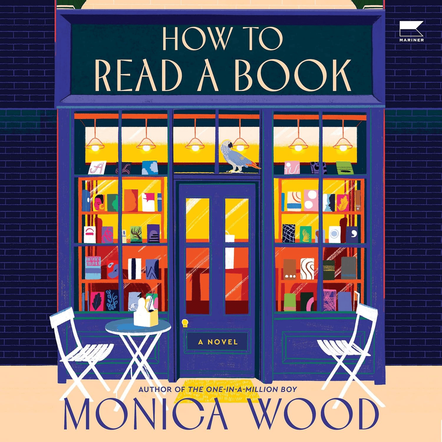 illustration of a bookstore front with two white chairs and a table outside; the store window displays colorful books. the book title is how to read a book by monica wood.