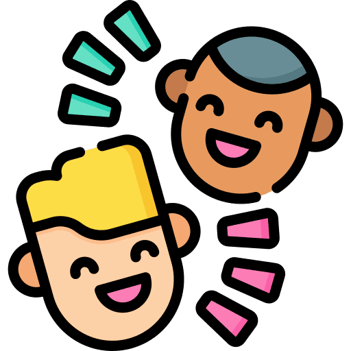 Cartoon illustration of two smiling faces with colorful lines around them, suggesting laughter or a happy conversation.