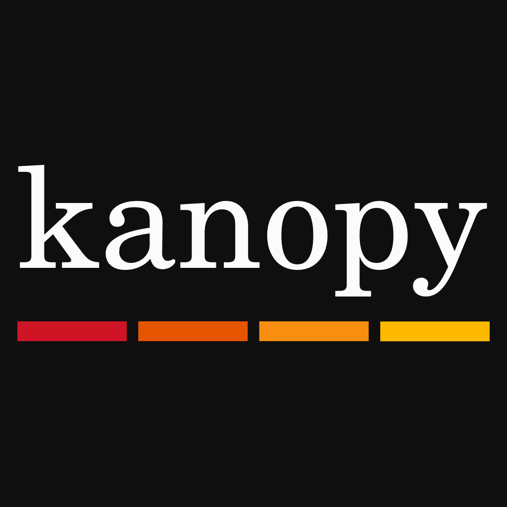 The Kanopy logo with the word "kanopy" in white lowercase letters above four horizontal bars in red, orange, and yellow on a black background.