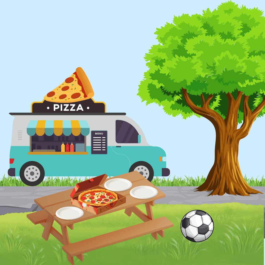 a pizza food truck is parked near a tree, with a picnic table holding pizza and plates. a soccer ball lies on the grass nearby.
