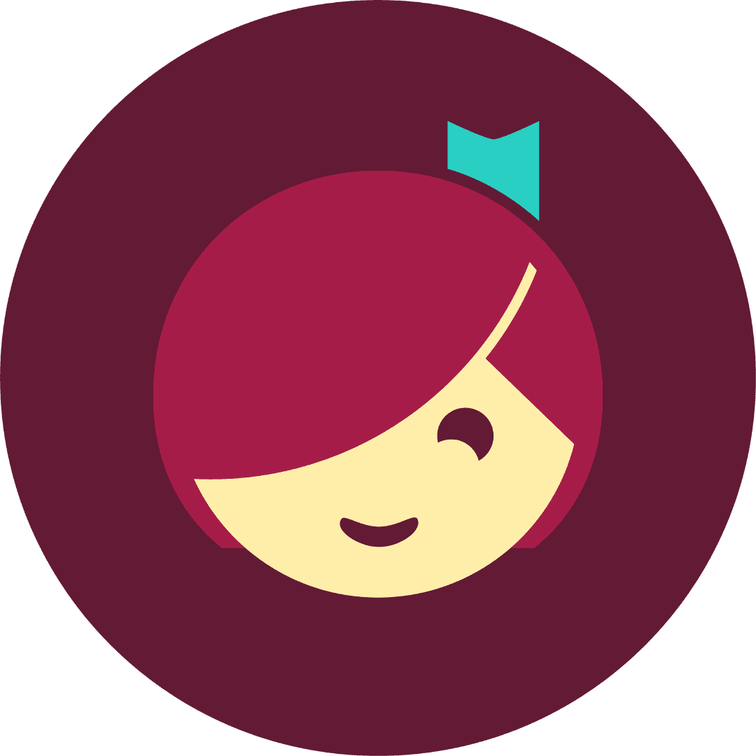 Libby logo: Simple cartoon face of a girl with side-swept hair, a teal bow, and a winking expression, inside a maroon circle.