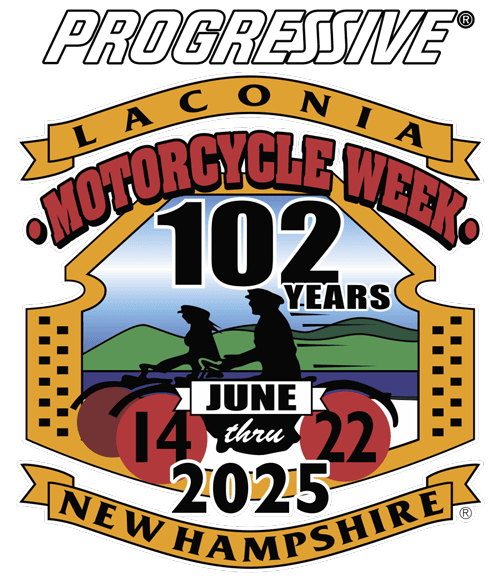 Promotional graphic for Laconia Motorcycle Week 2025, celebrating 102 years, held June 14–22 in Laconia, New Hampshire.