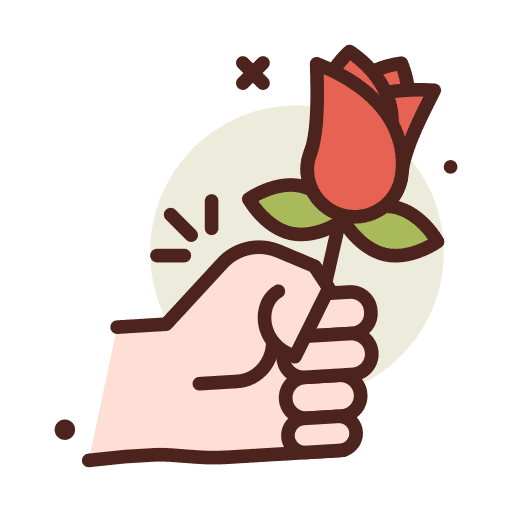A hand holding a red rose with green leaves, illustrated in a simple, flat style with a circular background.
