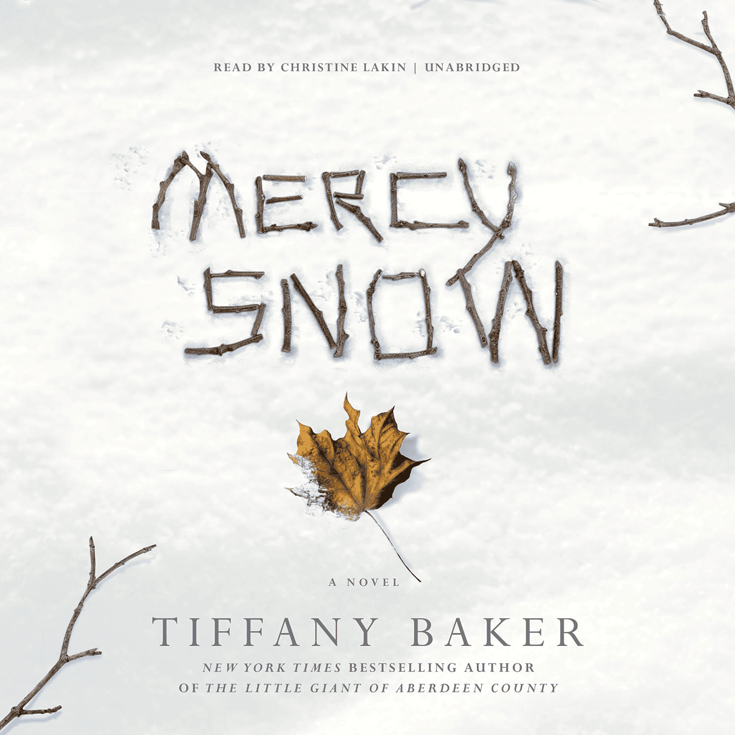 cover of the novel mercy snow by tiffany baker, featuring the title written in sticks on snow and a single autumn leaf below the title.