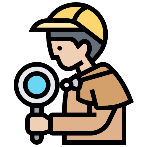 Illustration of a person wearing a cap and holding a magnifying glass, appearing to closely examine something.