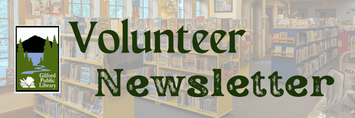 Banner for the Gilford Public Library Volunteer Newsletter, featuring bookshelves filled with books in the background.