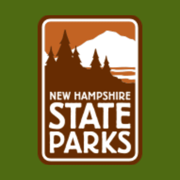 New Hampshire State Parks logo featuring white text, brown trees, and a white mountain silhouette on a green background.