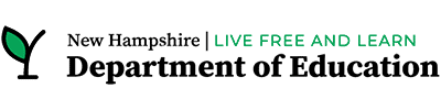 Logo for the New Hampshire Department of Education with a green leaf symbol and the slogan Live Free and Learn.