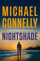 book cover for "nightshade" by michael connelly, featuring a silhouette of a person standing on a beach at sunset with bold yellow and purple text.