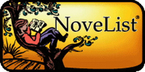 A person sits on a tree branch reading a book next to the word "NoveList" on a yellow background with a sun in the corner.