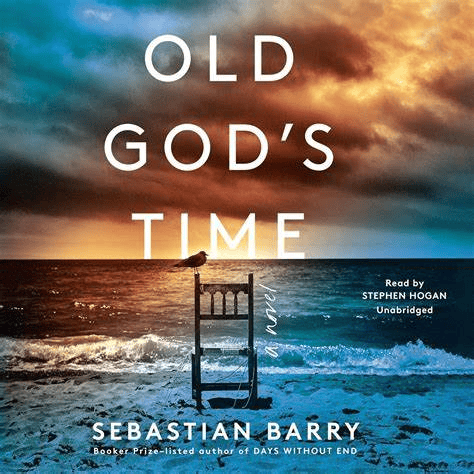 book cover for old god's time by sebastian barry, showing an empty chair on a beach with a bird perched on it, under a dramatic, cloudy sky.