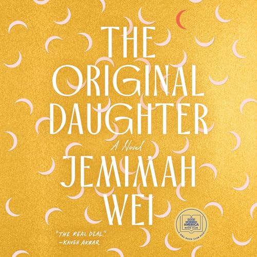 Book cover for "The Original Daughter: A Novel" by Jemimah Wei, featuring white text on a yellow background with a pattern of pink crescent shapes.