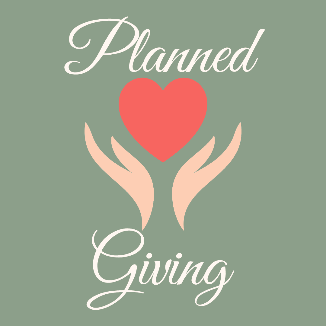 Two hands hold a red heart with the words "Planned Giving" above and below on a green background.