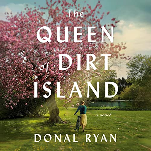 book cover for the queen of dirt island by donal ryan, showing a woman with a bicycle under a blooming tree in a grassy park.