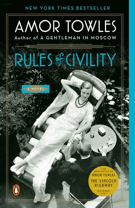 book cover of Rules of civility by amor towles, featuring a black and white photo of a woman lounging on a chair with a man beside her, set in a vintage, elegant style.