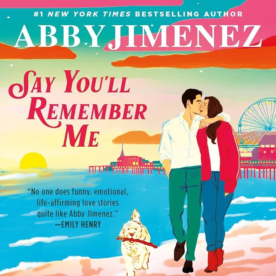 A couple walks along a boardwalk by the ocean at sunset, with a dog leading them. The book title and author, Abby Jimenez, appear above in bold text.