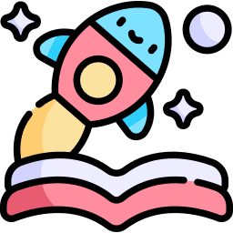 Cartoon rocket with a smiling face launching from an open book, surrounded by stars and a planet.