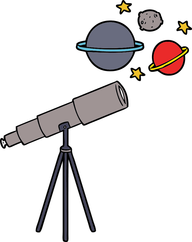 A telescope on a tripod points toward illustrated planets, stars, and an asteroid in space.
