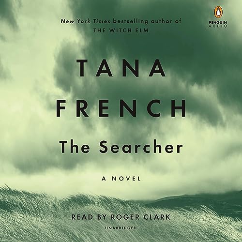 book cover for "the searcher" by tana french, featuring large black text over a green tinted landscape with grass and cloudy sky.