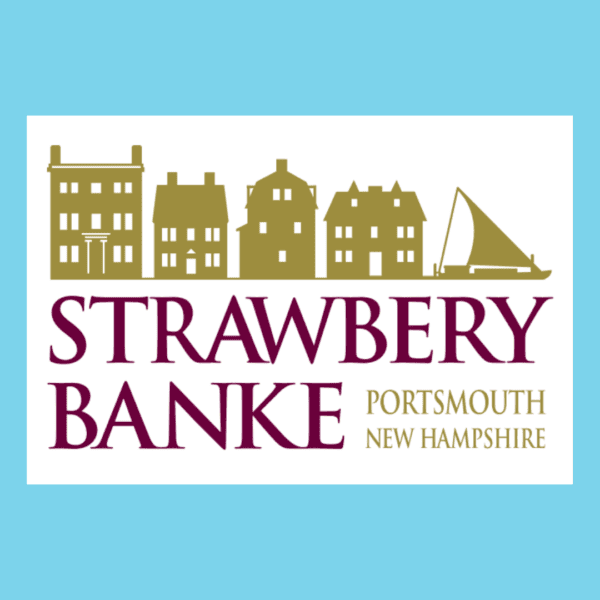 Logo for Strawbery Banke in Portsmouth, New Hampshire, featuring gold historic buildings, a sailboat, and bold maroon and gold text on a white background with a blue border.