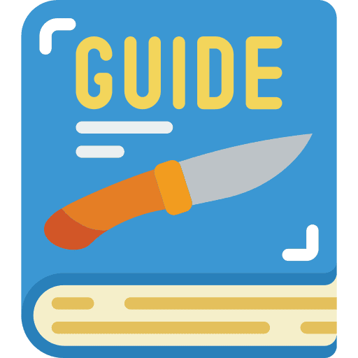 Illustration of a book labeled Guide with an image of a knife on the cover, suggesting it is a guidebook related to knives or knife skills.