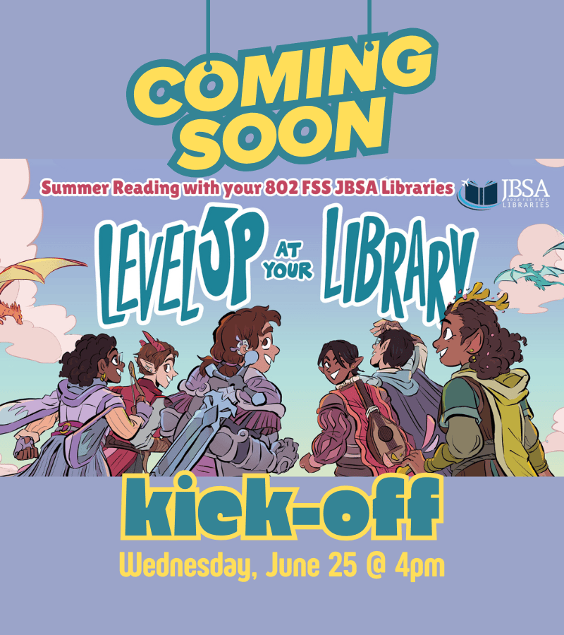 Illustrated flyer for a library summer reading kick-off event on Wednesday, June 25 at 4pm, featuring diverse children with books and swords under a "Coming Soon" banner.