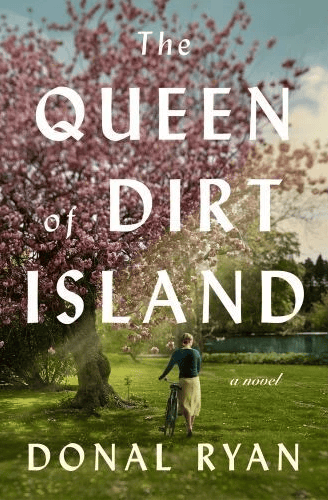 book cover for the queen of dirt island by donal ryan, showing a woman with a bicycle under a blooming tree in a grassy park.
