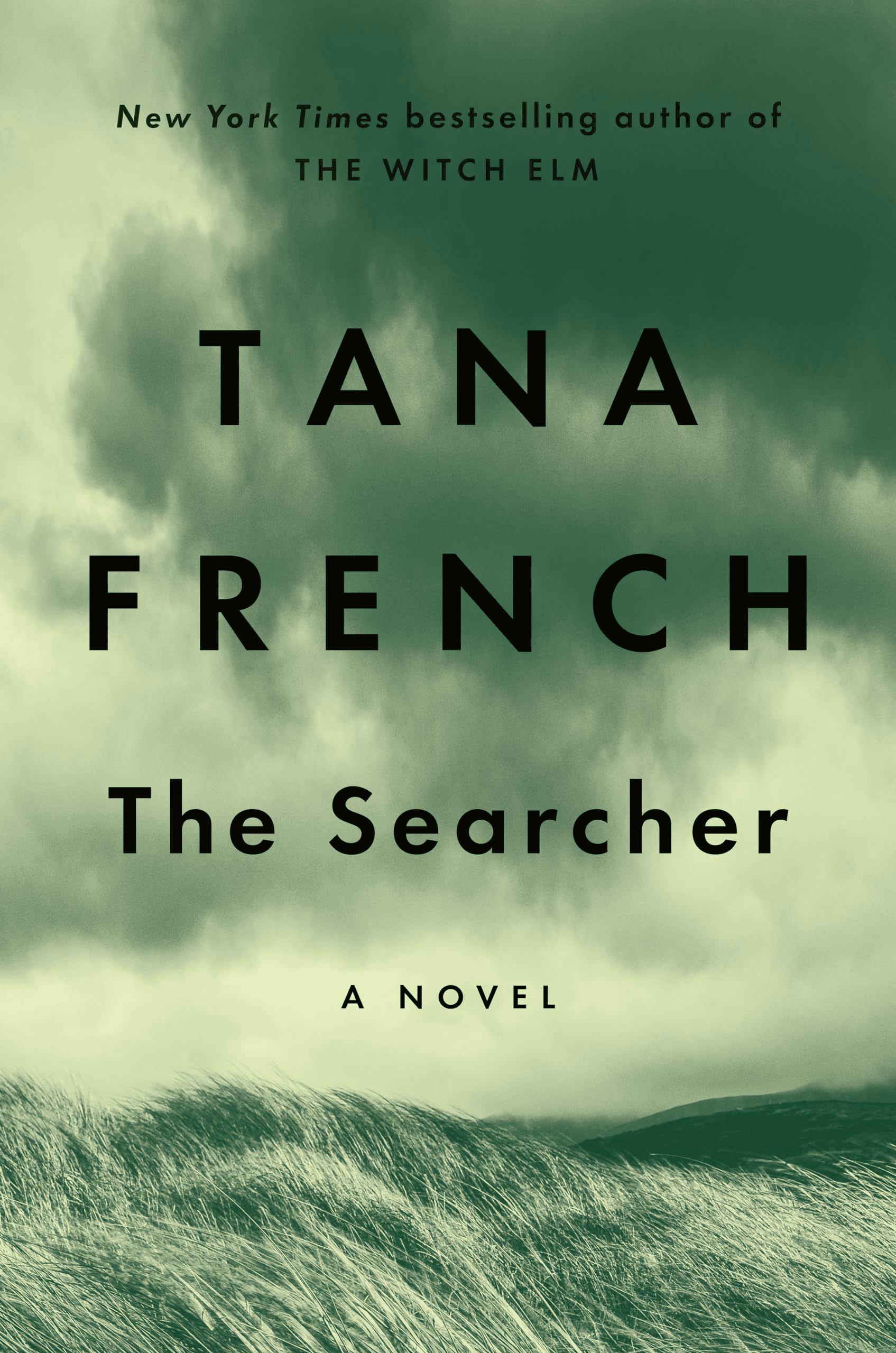book cover for "the searcher" by tana french, featuring large black text over a green tinted landscape with grass and cloudy sky.